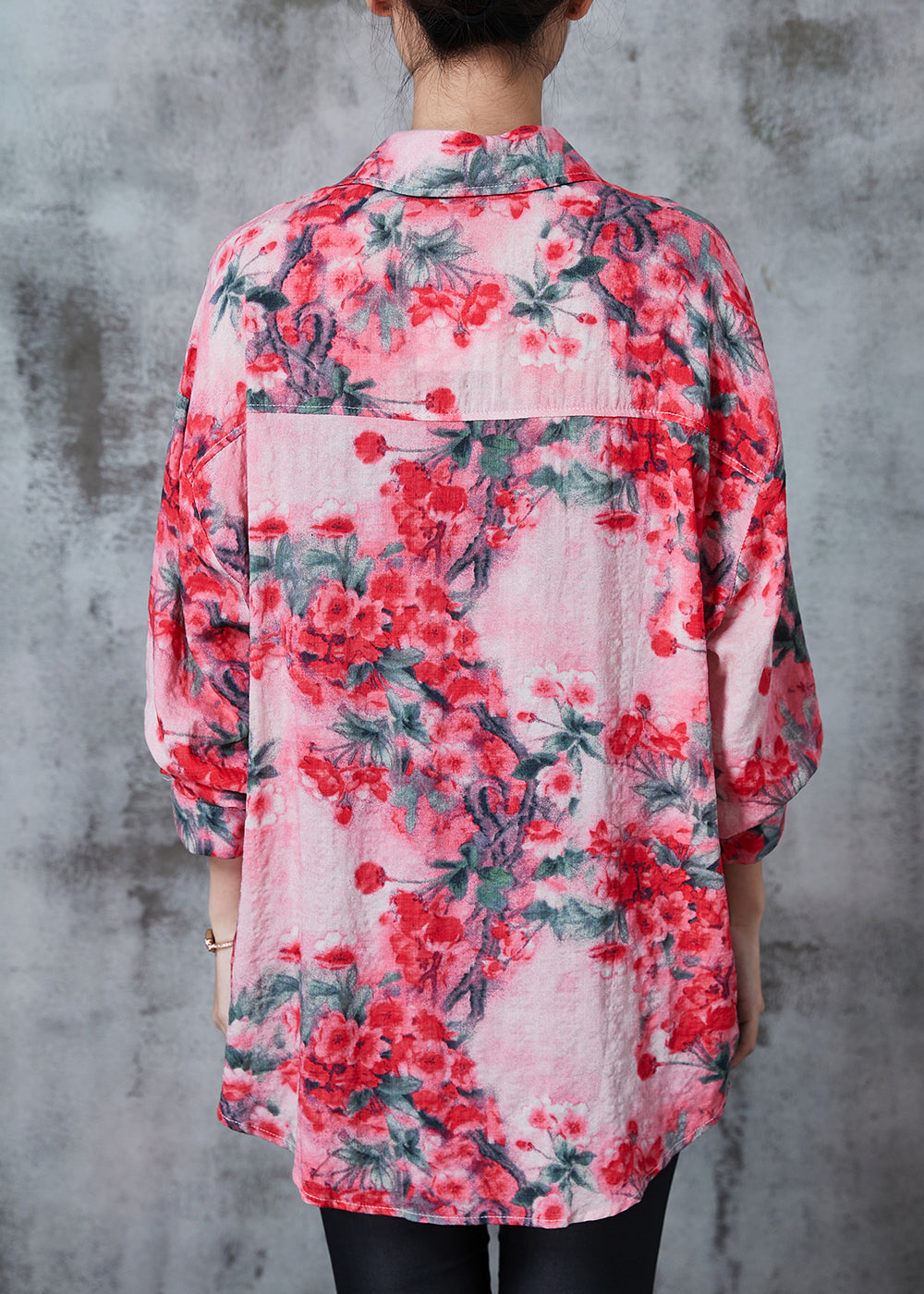 Red Plum Blossom Print Cotton Shirt Top Spring