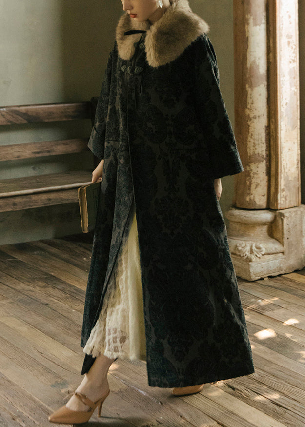 Jacquard Black Fox Collar Button Thick Silk Velour Long Trench Coats Long Sleeve Fall