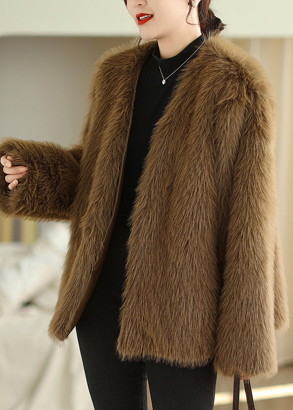 Boutique Coffee V Neck Faux Fur Coats Winter