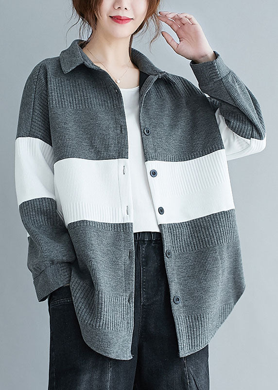 Grey Peter Pan Collar Button Patchwork Fall Shirt Top Long Sleeve