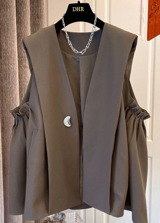 Classy Khaki Pleated Pockets Fall Sleeveless Waistcoat