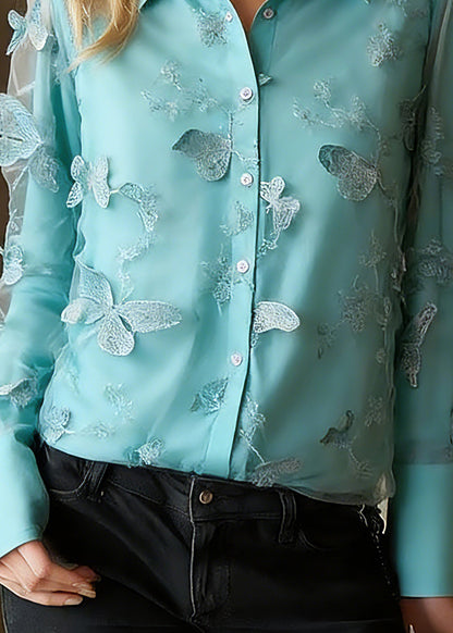 Blue Peter Pan Collar Butterfly Tulle Shirts Spring