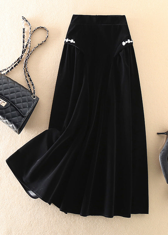 Art Black Zip Up Silk Velour a Line Skirts Spring