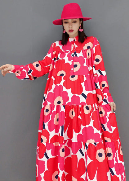 Red Stand Collar Print Patchwork Wrinkled Cotton Long Dress Long Sleeve