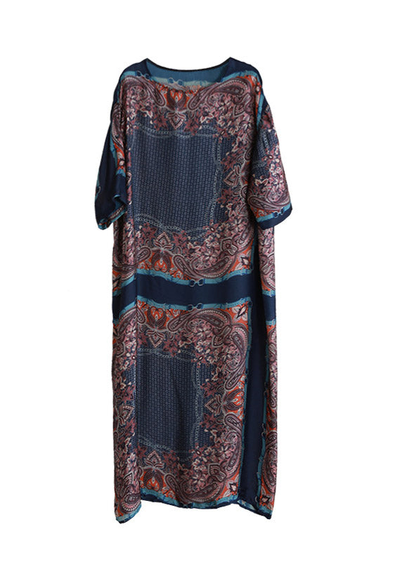 O-neck Print Patchwork Pockets Tie Waist Chiffon Dresses Short Sleeve