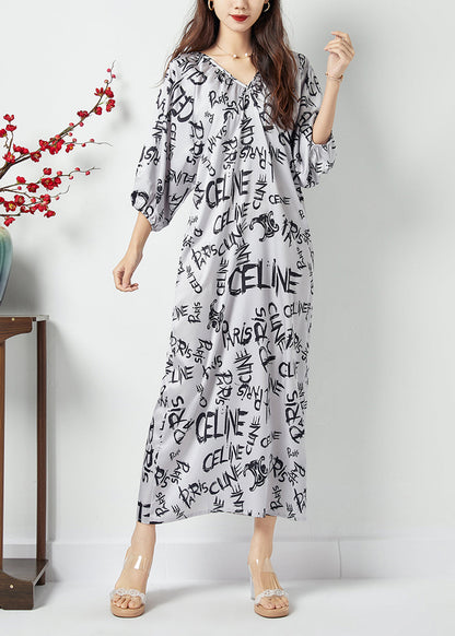 White V Neck Letter Print Wrinkled Chiffon Long Dress Batwing Sleeve