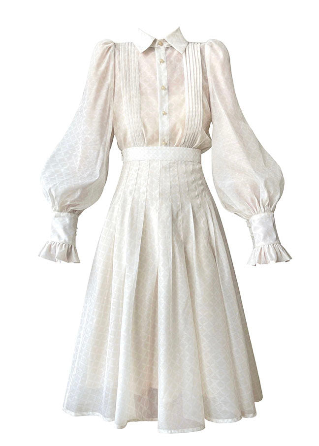 Boutique White Peter Pan Collar Wrinkled Silk Shirts and Skirts Two Pieces Set Lantern Sleeve