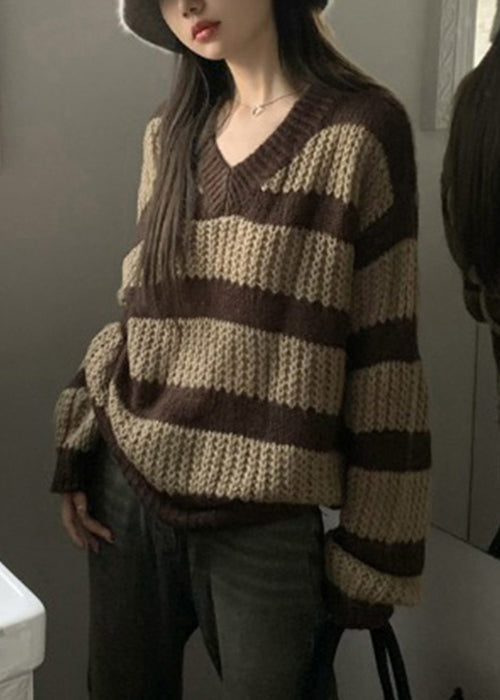 Striped V Neck Hollow Out Knit Sweaters Long Sleeve