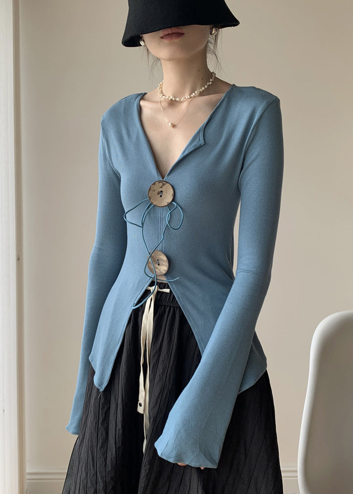 New Blue V Neck Knitting Cotton Tops Fall