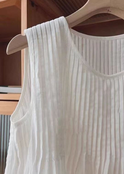 Simple White O Neck Wrinkled Cotton Vest Sleeveless