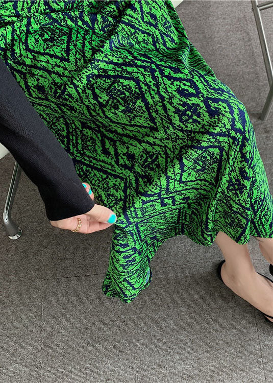 Green Elastic Waist Print Draping Silk Skirt Summer