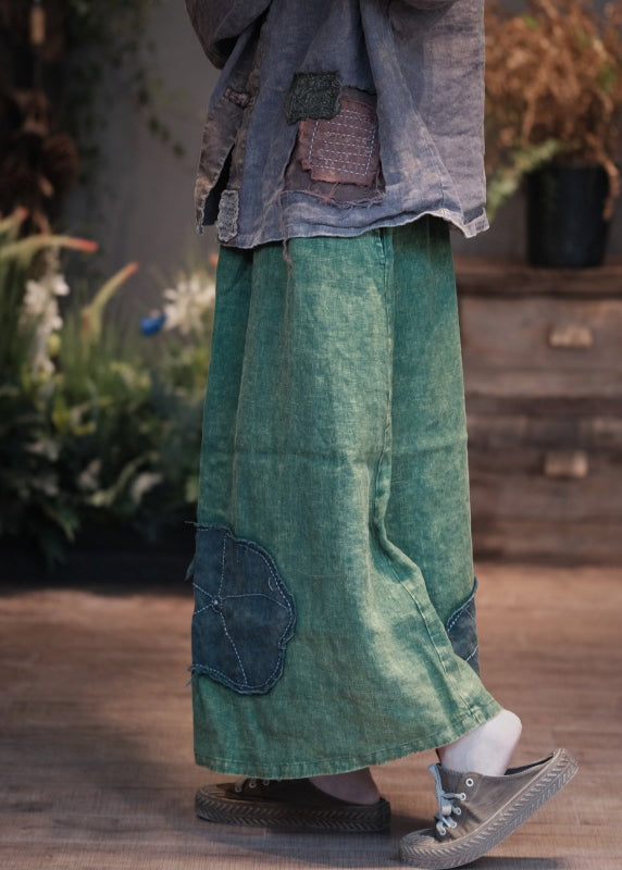Green Pockets Patch Patchwork Linen Skirt Spring