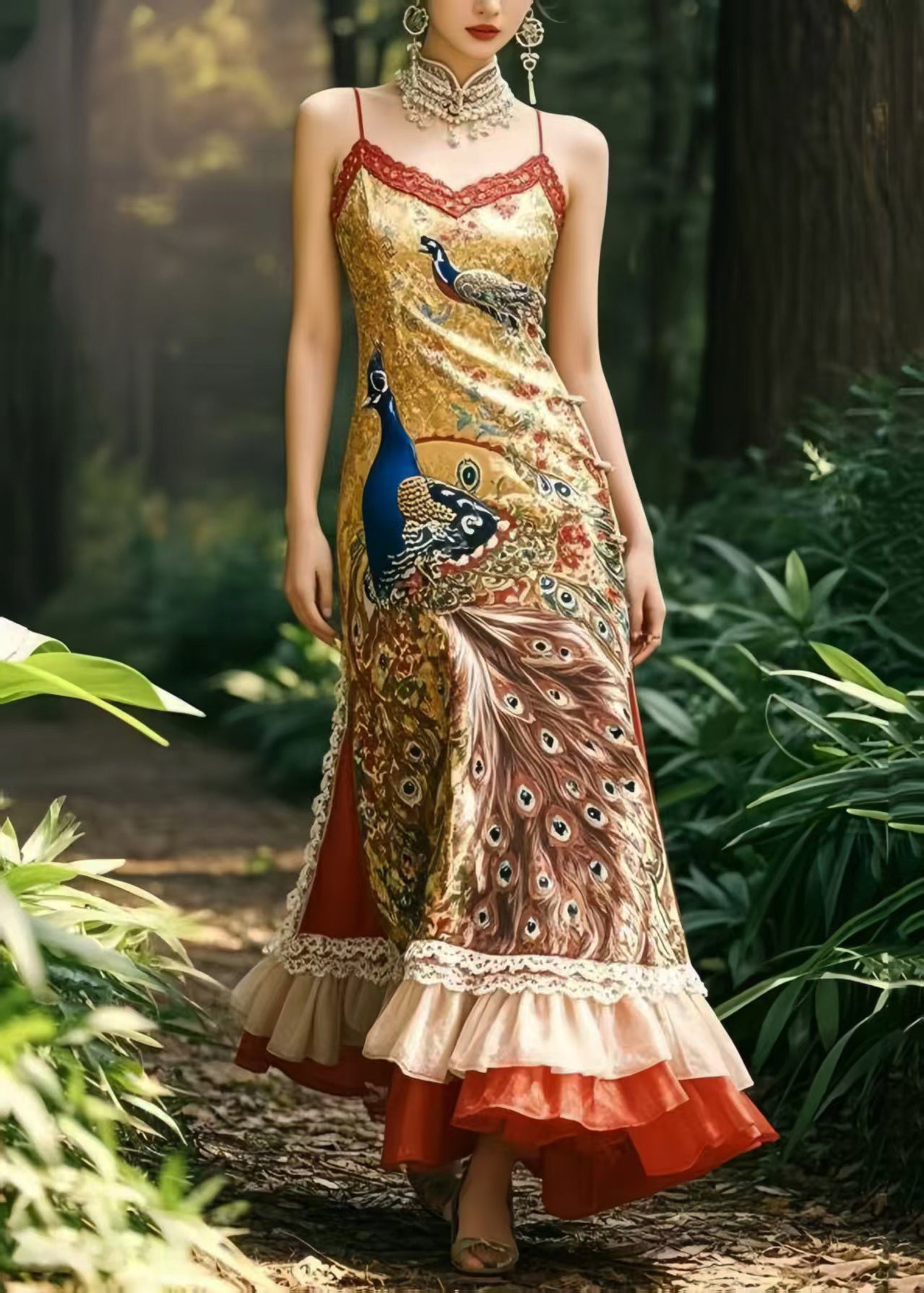 Style Peacock Print Patchwork Ruffles Silk Vestidos Dress Summer