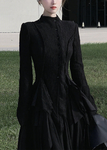 Black Wrinkled Button Patchwork Lace Two Pieces Set Long Sleeve