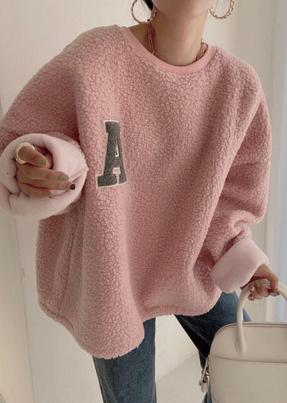 Loose Pink O Neck Letter Teddy Pullover Winter