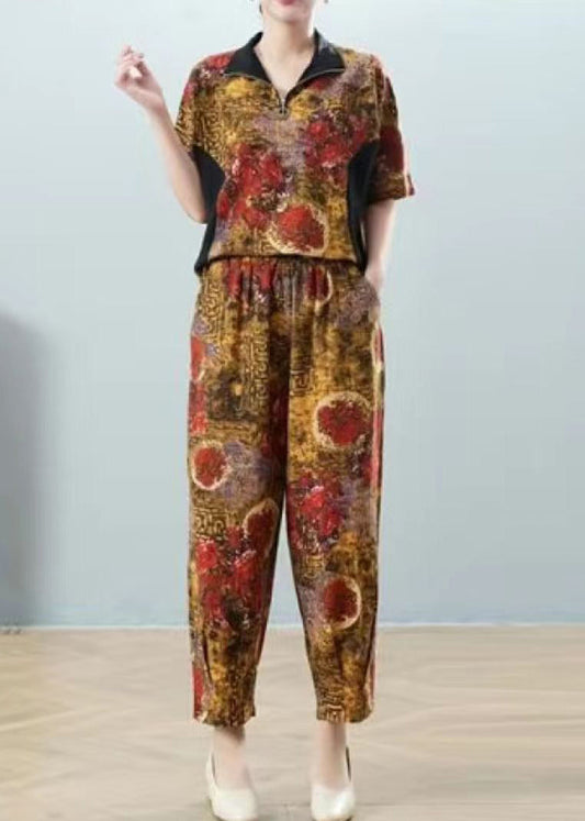 Unique Yellow Stand Collar Zippered Patchwork Shirt and Harem Pants Two Pieces Set Summer