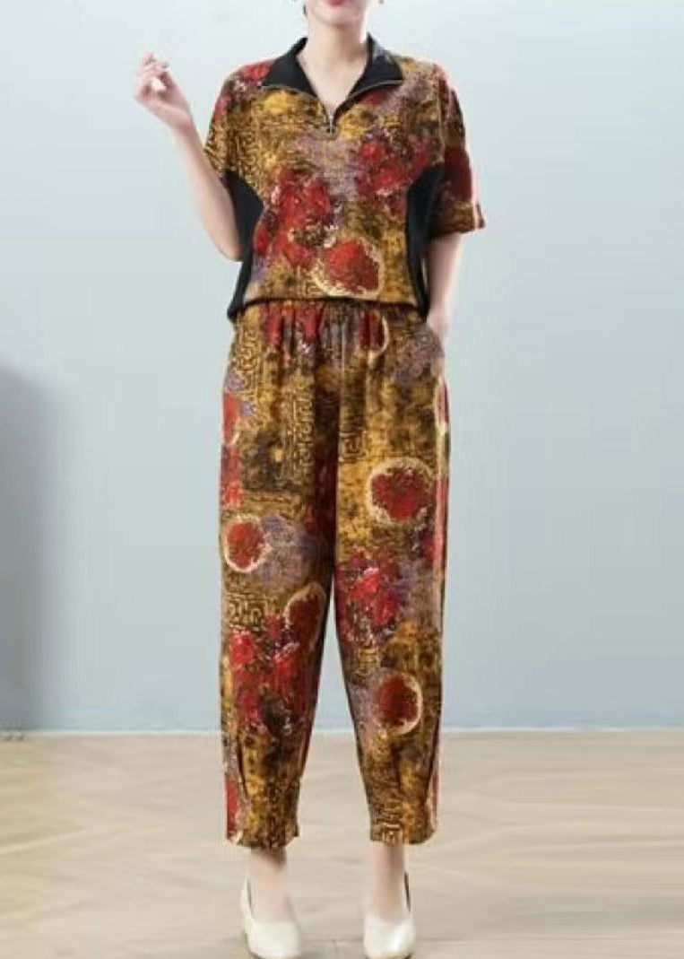 Unique Yellow Stand Collar Zippered Patchwork Shirt and Harem Pants Two Pieces Set Summer