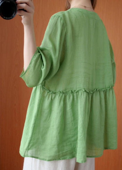 French Green V Neck Ruffled Asymmetrical Design Fall Half Sleeve Shirt