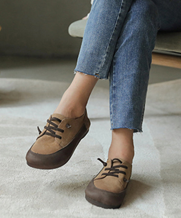 Cross Strap Flat Feet Shoes Apricot Cowhide Leather