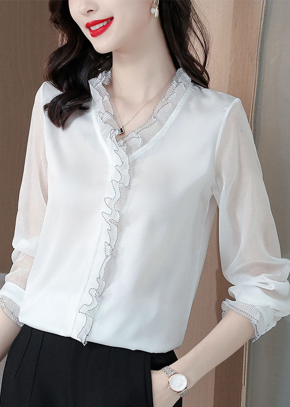 White Ruffled Patchwork Silk Blouses Long Sleeve