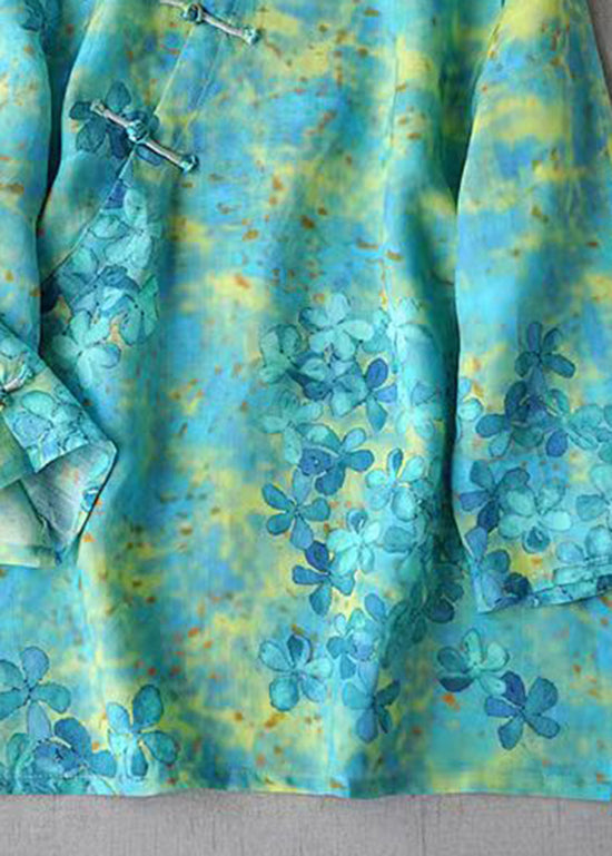 Chinese Style Green Print Linen Top Three Quarter Sleeve