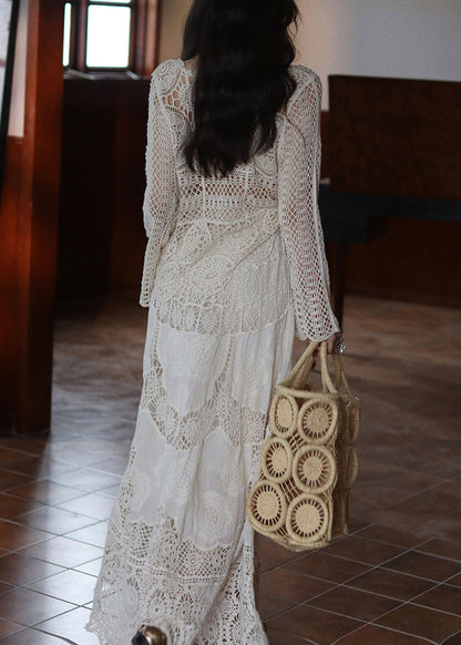Art Beige Hollow Out Tops and Skirts Lace Two Piece Set Fall