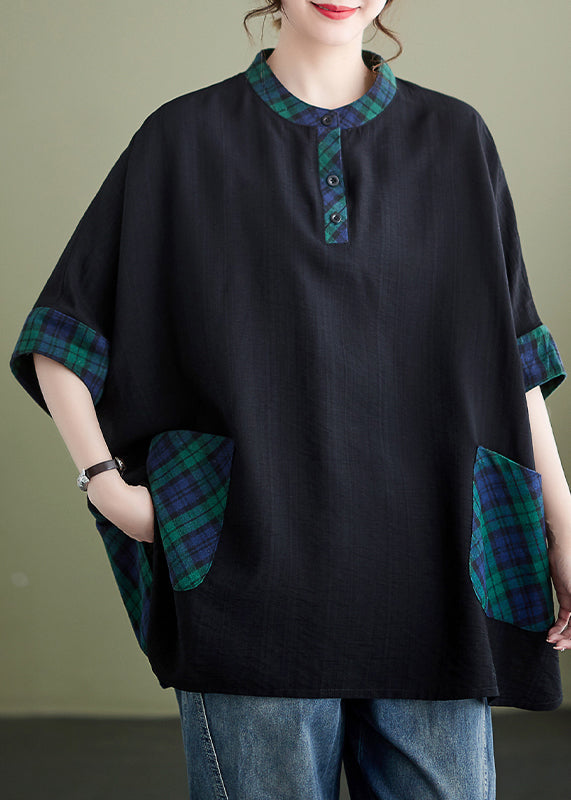 Plaid Button Pockets Patchwork Cotton Tops Batwing Sleeve