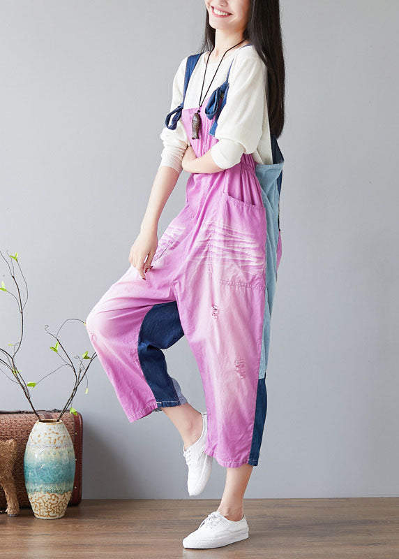 Purple Oversized Patchwork Applique Cotton Overalls Jumpsuit Spring