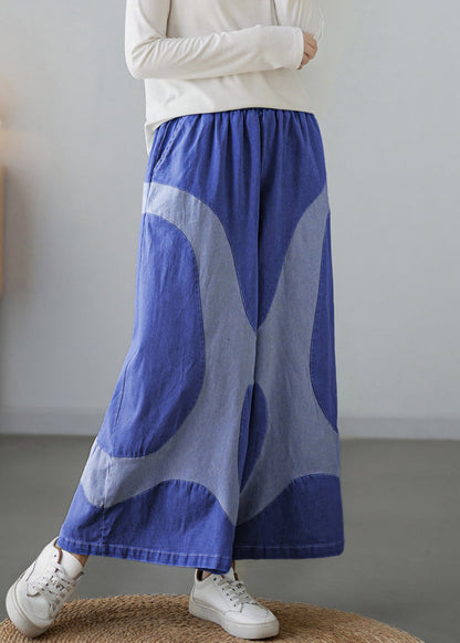 Light Blue Pockets Elastic Waist Denim Wide Leg Pants Fall