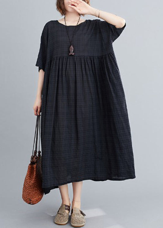 Loose Black O-neck Plaid Patchwork Maxi Dresses Summer
