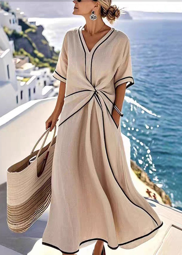 Apricot V Neck Wrinkled Pockets Cotton Long Dress Summer