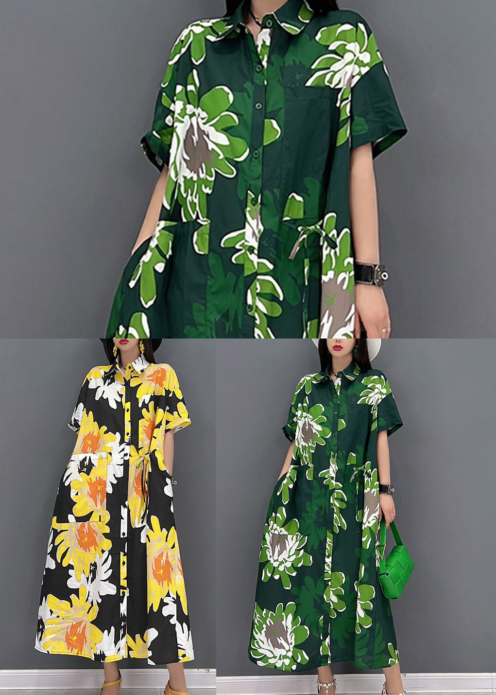 Yellow Peter Pan Collar Daisy Print Chiffon Holiday Dress Short Sleeve