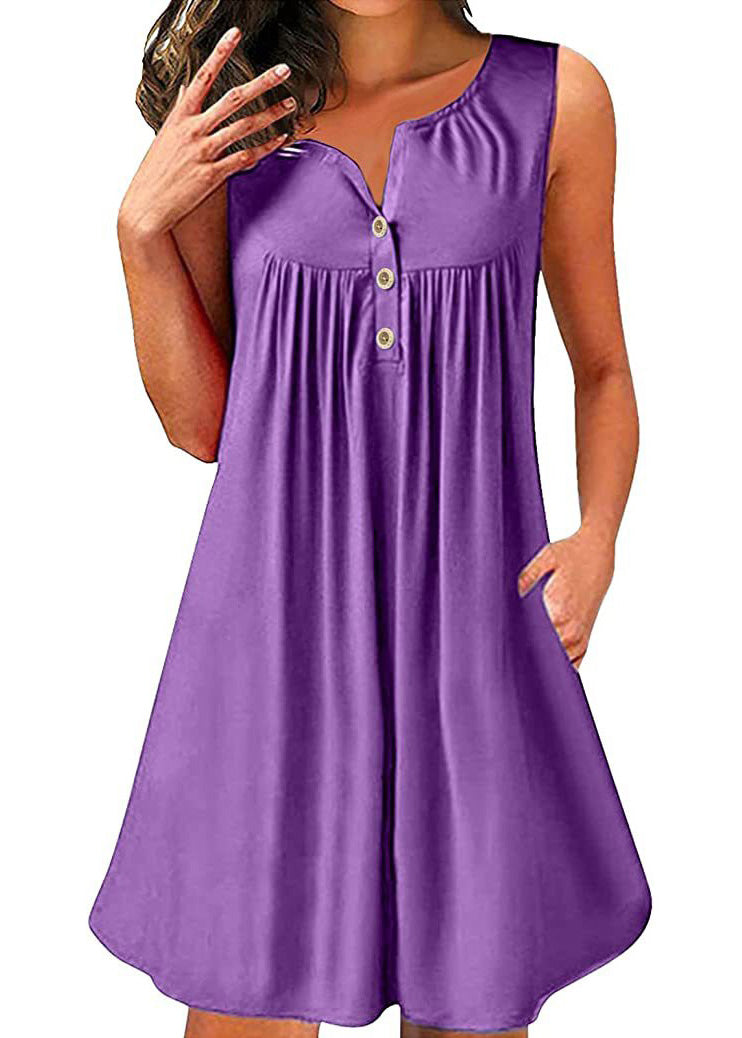 Red V Neck Wrinkled Cotton Mid Dress Sleeveless Summer