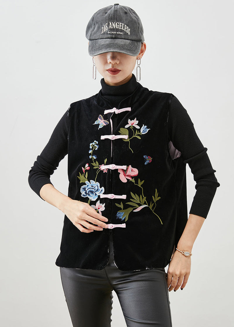 Black Embroideried Chinese Button Silk Velour Vest Fall
