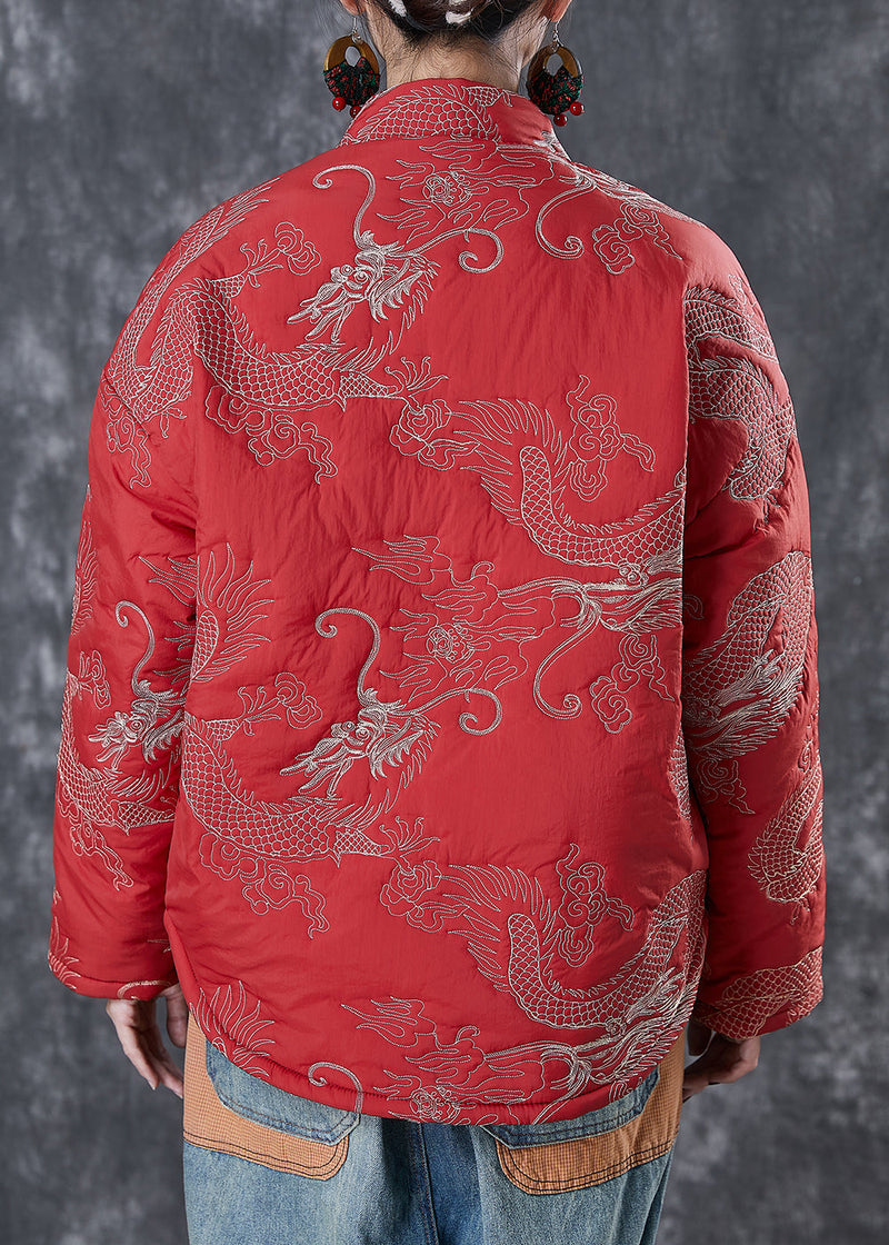 Chinese Style Red Embroideried Patchwork Fine Cotton Filled Coats Winter