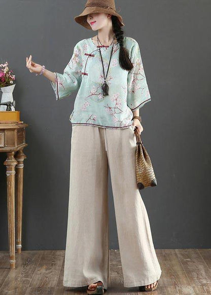 Organic Blue Print Linen Half Sleeve Top Summer