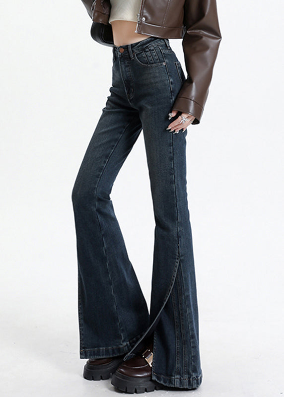 Blue Asymmetrical Pockets Patchwork High Waist Denim Flared Trousers Spring