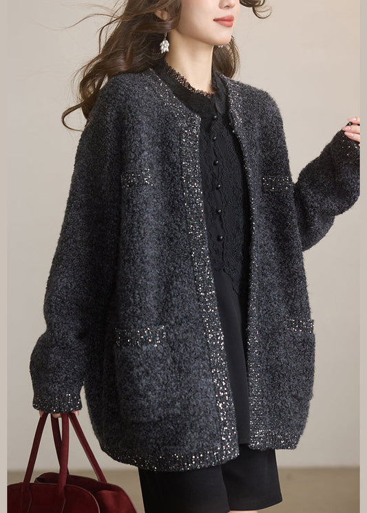 Dark Grey O Neck Sequins Woolen Cardigans Winter