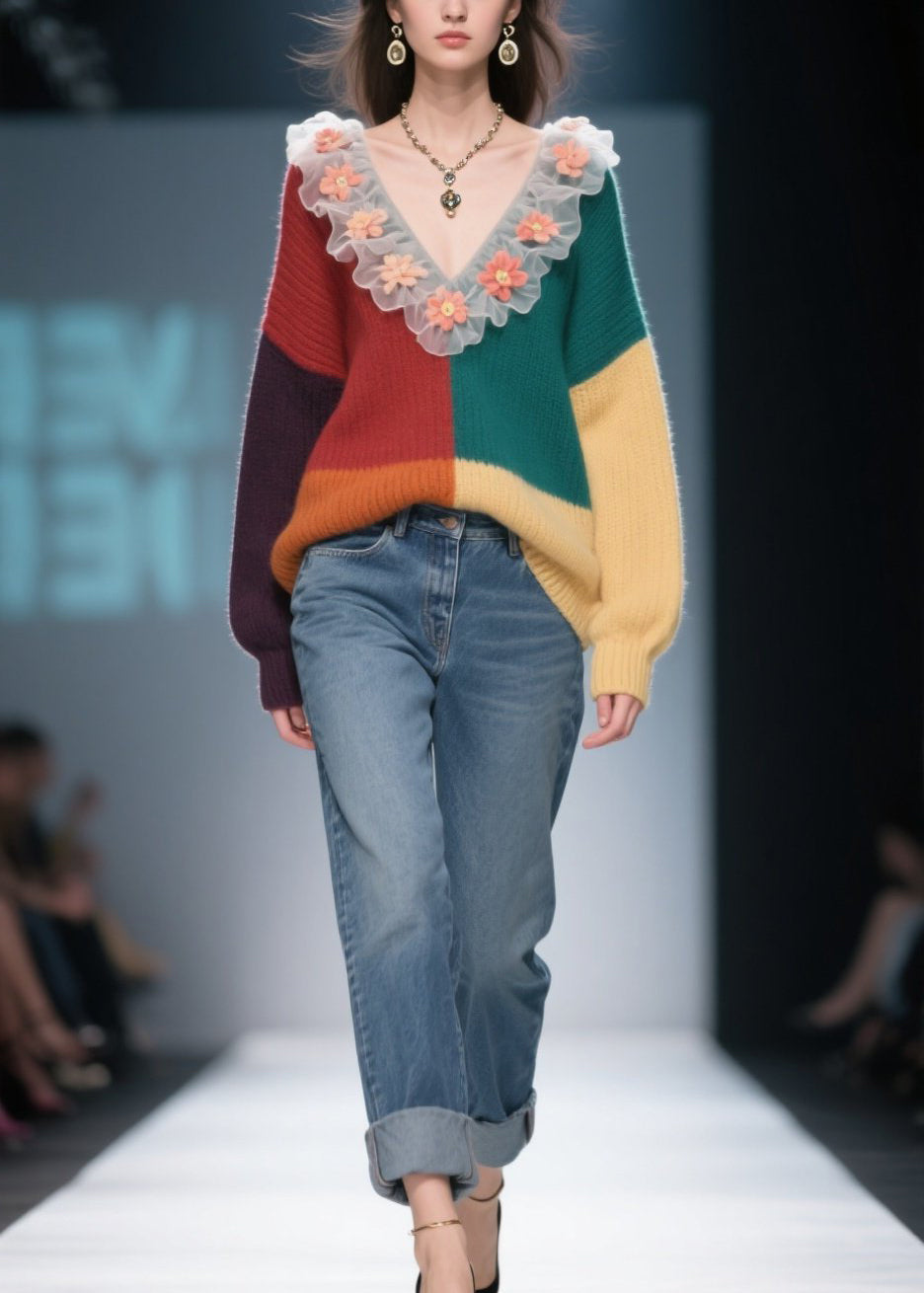 Natural Colorblock Ruffled Knit Sweaters Winter