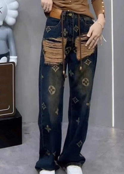 New Ripped Printed Denim Straight Leg Pants for Spring