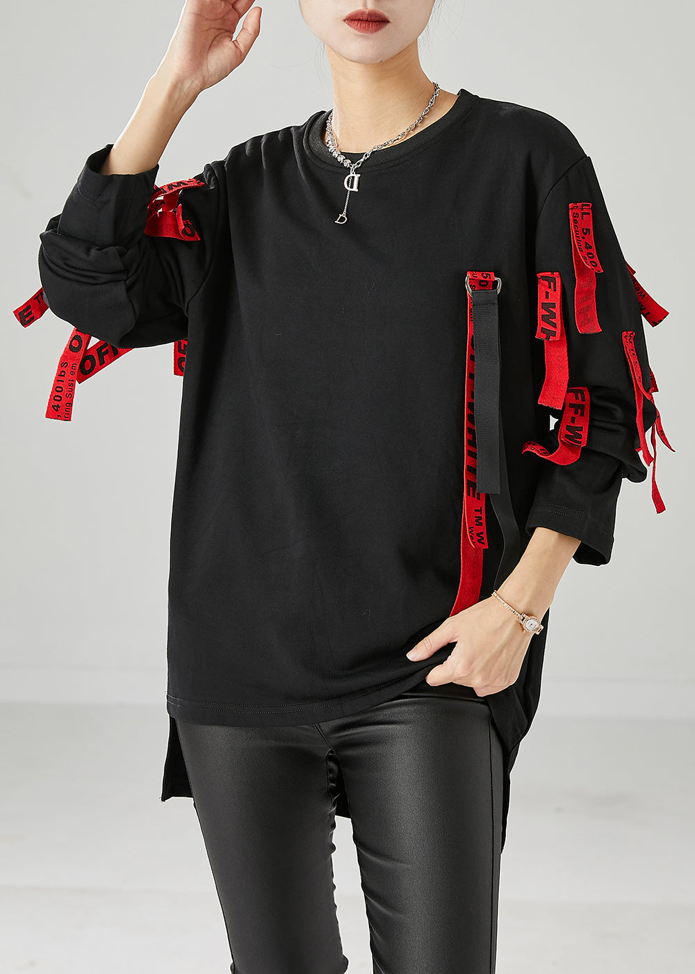 Unique Black Oversized Applique Cotton Pullover Fall