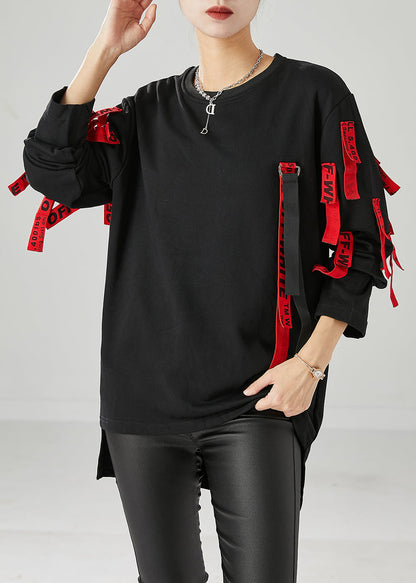 Unique Black Oversized Applique Cotton Pullover Fall