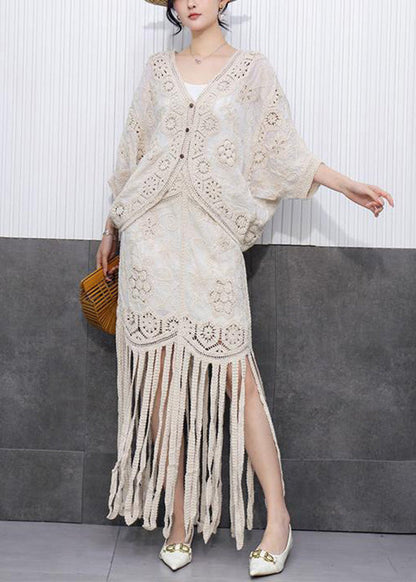 Beige Hollow Out Tassel Knit Cardigans and Maxi Skirts Two Pieces Set Fall