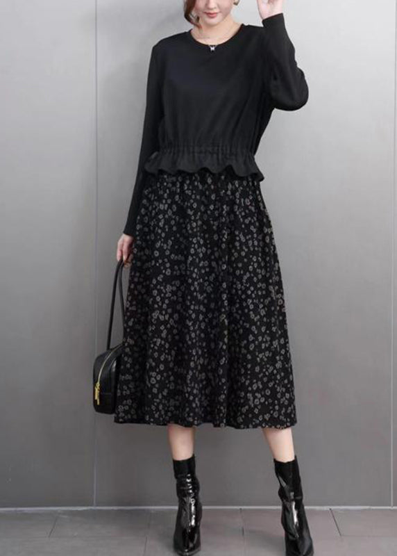Novelty Coffee O-neck Patchwork Print Fake Two Pieces Long Dress Spring