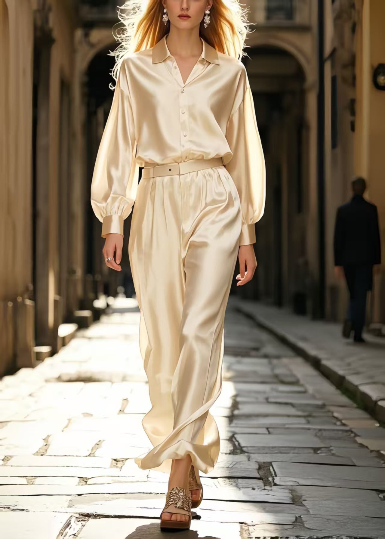 Classy Champagne Draping Silk Two Pieces Set Spring