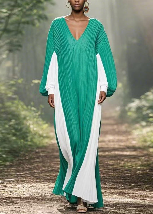 Colorblock V Neck Wrinkled Chiffon Long Dresses Spring