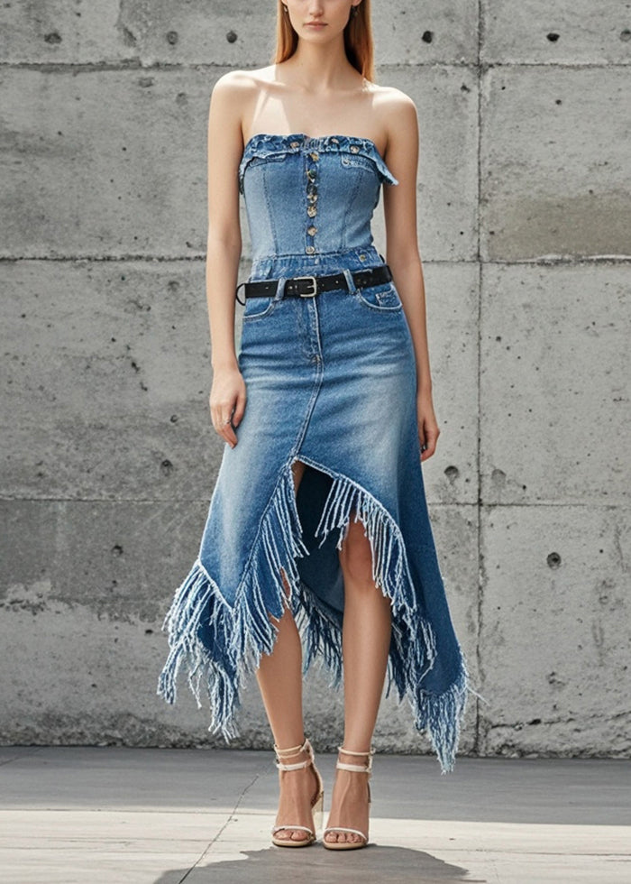 Blue Asymmetrical Patchwork Tasseled Denim Skirts Fall