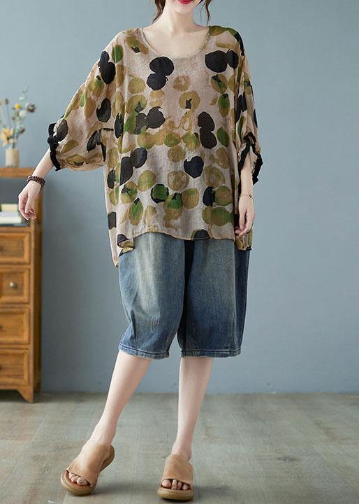 Cotton Linen Gray Dotted Top Batwing Sleeve