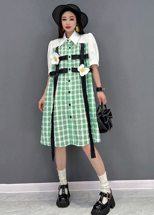 Modern Green Plaid Peter Pan Collar Patchwork Maxi Dress Short Sleeve