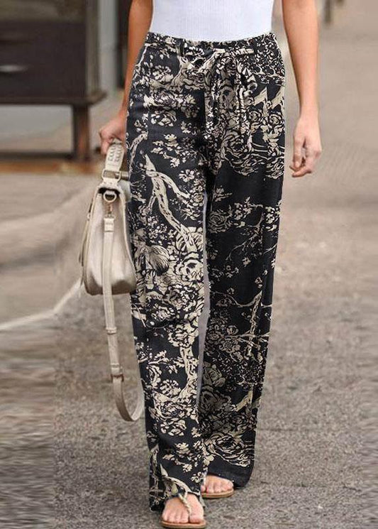 Leisure Cotton Contrast Color Elastic Waist Straight Pants With Side Pockets